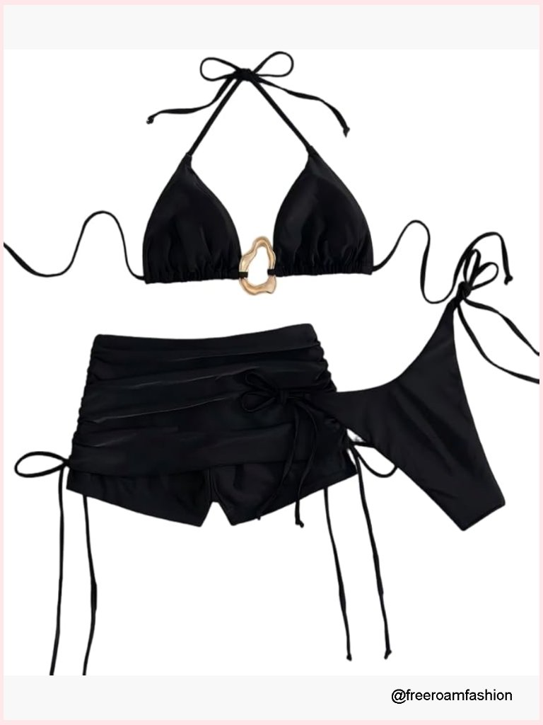 Women's 3 Piece Triangle String Bikini Set Halter Bow Swimsuits With Shorts